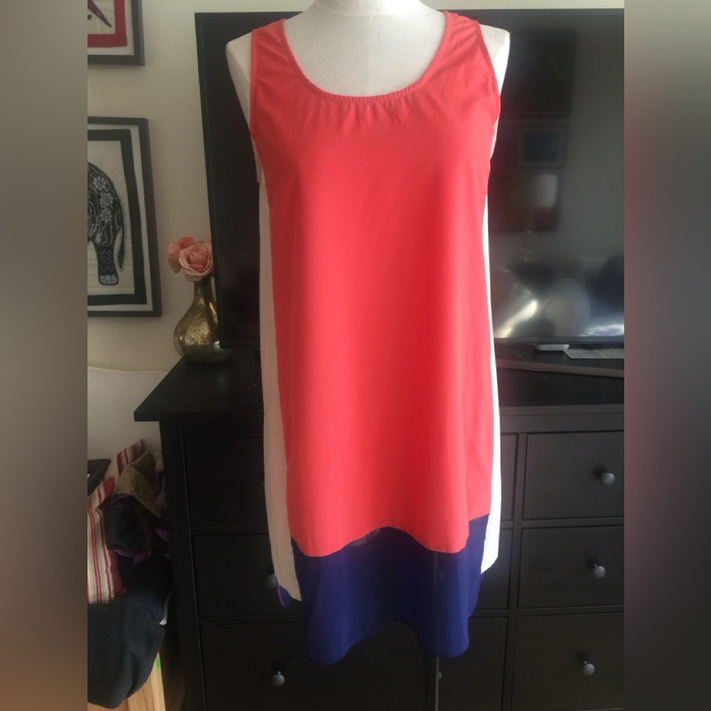 Colorblock Sleeveless Shift Dress - Coral, Navy & White